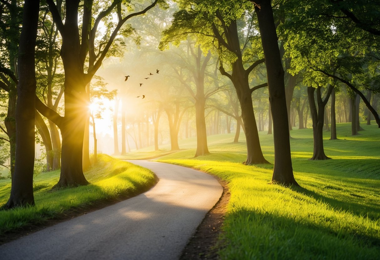 Ein gewundener Pfad durch einen üppigen Wald, mit Sonnenlicht, das durch die Bäume filtert, und Vögeln, die in der Ferne singen.