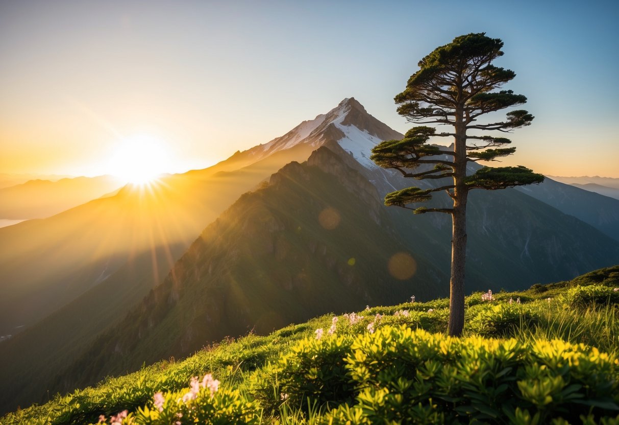 Ein Berggipfel, der im goldenen Sonnenlicht badet, mit einem einzigen Baum, der hoch und stark steht, umgeben von üppigem Grün und blühenden Blumen.