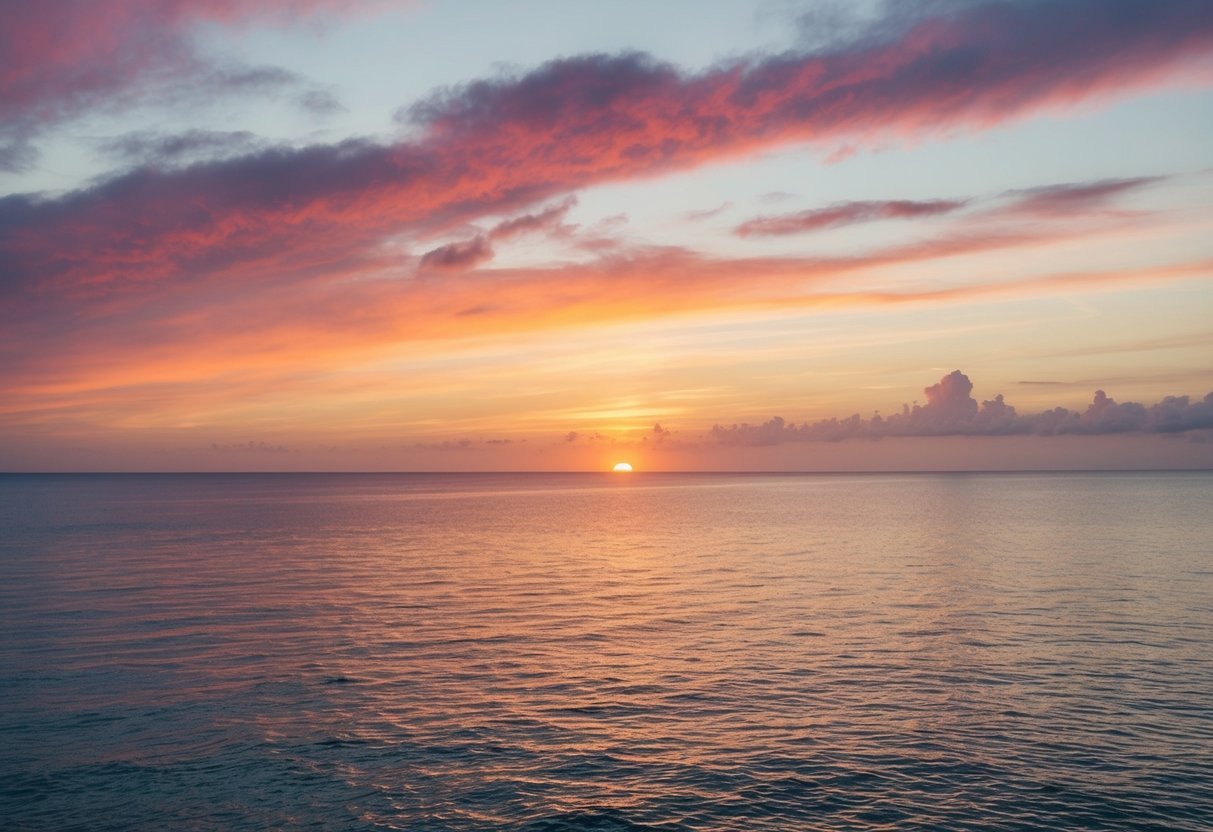 Ein Sonnenaufgang über einem ruhigen Ozean, mit lebhaften Farben, die sich im Wasser spiegeln, und einem Gefühl der Ruhe in der Luft.