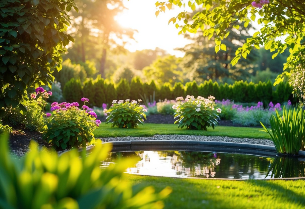 Ein friedlicher Garten mit blühenden Blumen und einem ruhigen Teich, umgeben von üppigem Grün und in warmes Sonnenlicht getaucht.