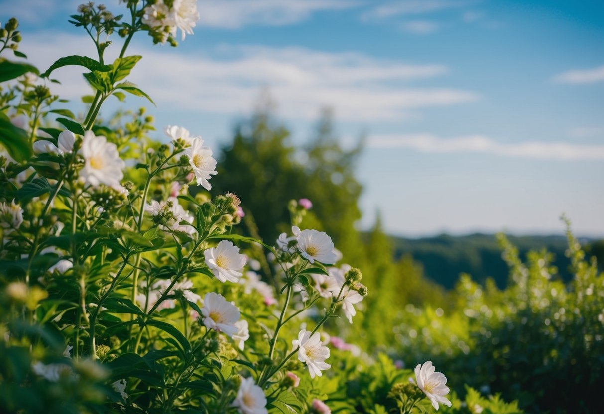 Eine ruhige und friedliche Naturszene mit üppigem Grün, blühenden Blumen und einem klaren blauen Himmel, die ein Gefühl von Erfüllung und Positivität hervorruft.