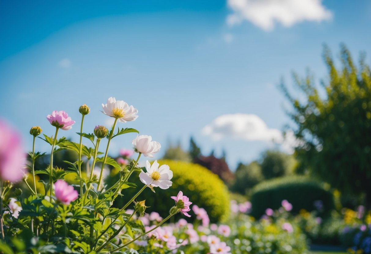 Ein ruhiger Garten mit blühenden Blumen und einem klaren blauen Himmel, der eine friedliche und zufriedene Atmosphäre vermittelt.