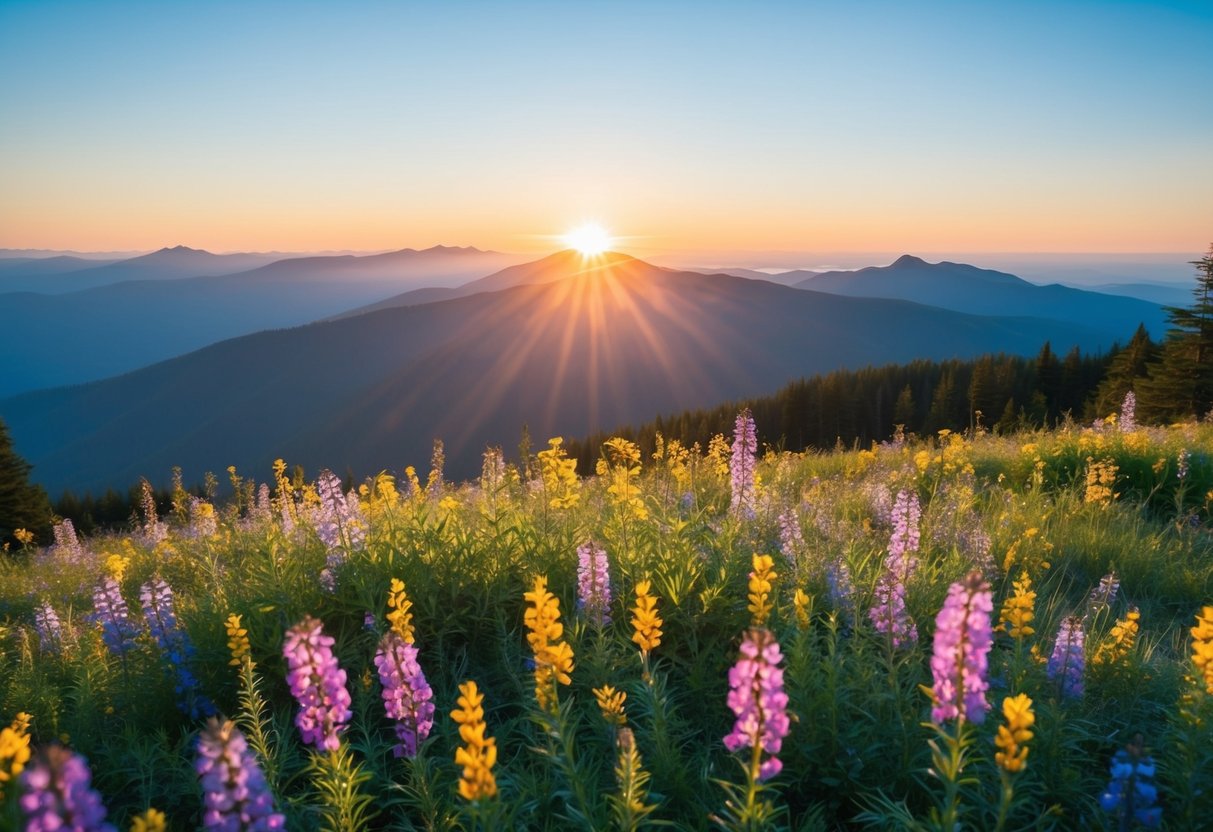 Ein Sonnenaufgang über einer ruhigen Berglandschaft, mit bunten Wildblumen, die blühen, und einem klaren blauen Himmel, symbolisiert neue Möglichkeiten und eine positive Aussicht.