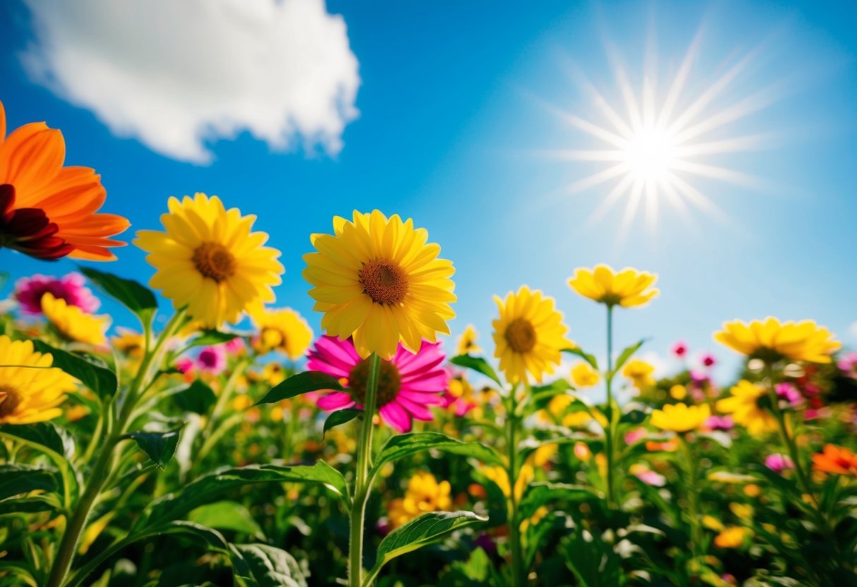 Eine farbenfrohe, lebendige Szene mit blühenden Blumen, strahlendem Sonnenschein und einem klaren blauen Himmel, die Gefühle von Freude und Glück hervorruft.