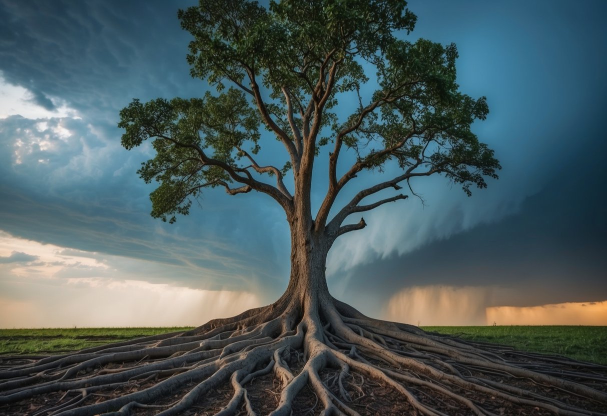 Ein robuster Baum mit tiefen Wurzeln widersteht einem heftigen Sturm.