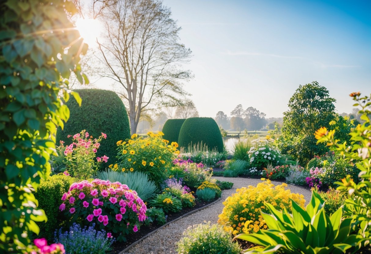 Ein ruhiger und farbenfroher Garten mit blühenden Blumen und üppigem Grün, umgeben von einer friedlichen Umgebung mit klarem blauen Himmel und sanfter Sonneneinstrahlung.