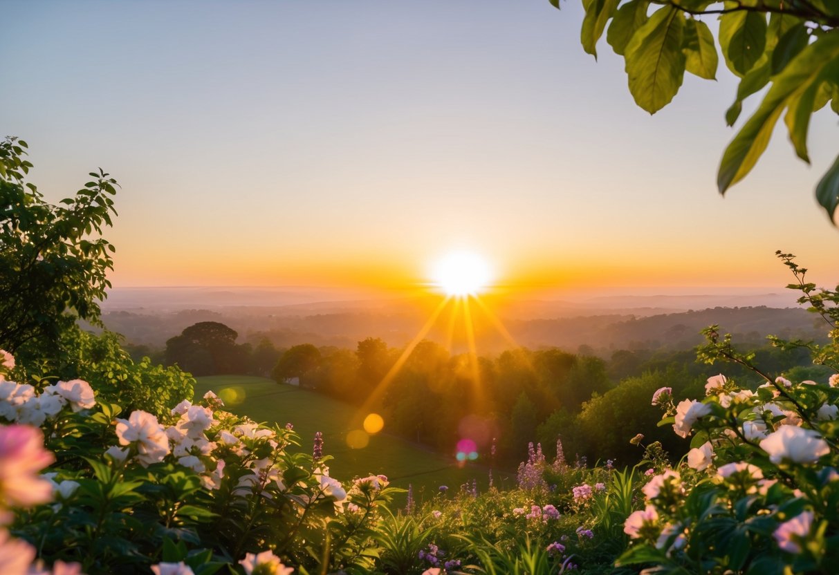 Eine helle, bunte Sonne geht über einer ruhigen, friedlichen Landschaft auf, umgeben von blühenden Blumen und üppigem Grün.