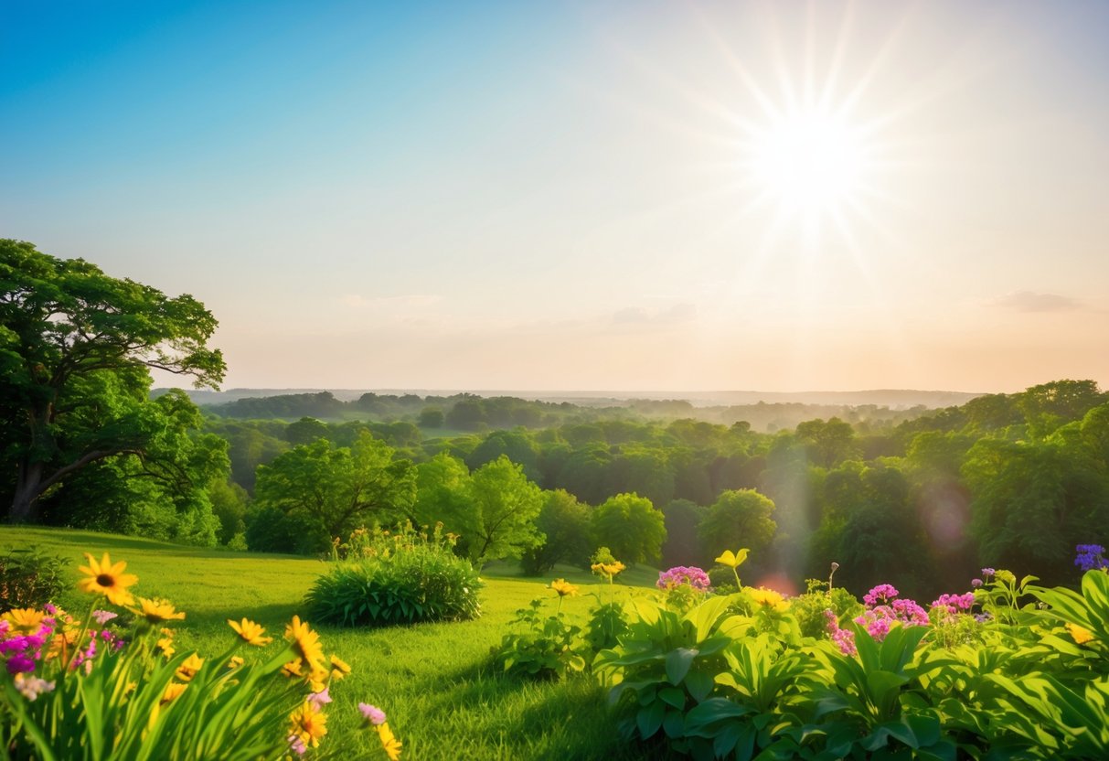 Eine friedliche Landschaft mit einer strahlenden Sonne, üppigem Grün und bunten Blumen, die ein Gefühl von Dankbarkeit und Positivität hervorrufen.