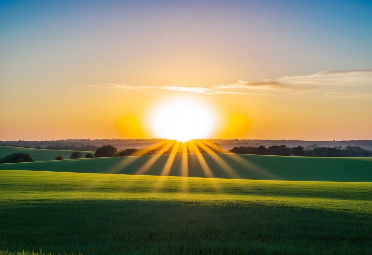 Eine helle Sonne, die über einer ruhigen, grünen Landschaft mit einem klaren blauen Himmel aufgeht und Positivität sowie Offenheit für Veränderungen symbolisiert.