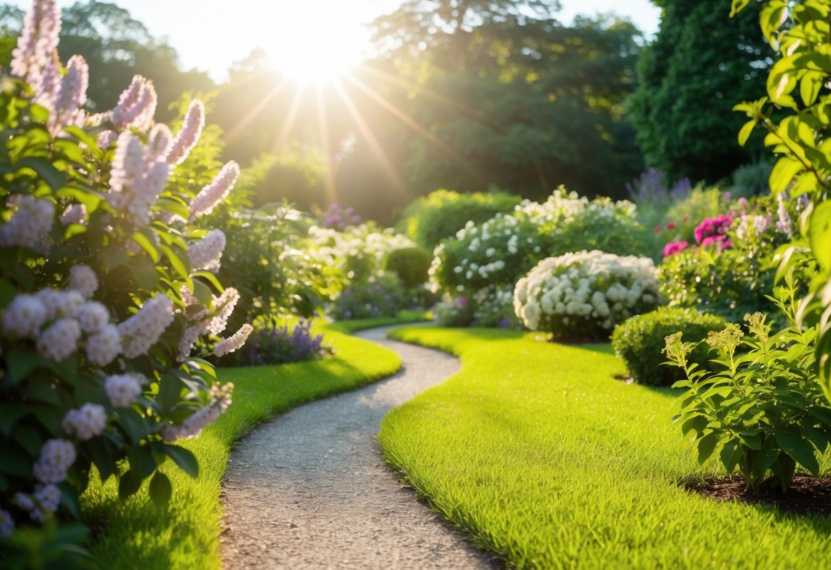 Ein ruhiger, gewundener Pfad durch einen üppigen, blühenden Garten mit einer hellen Sonne, die darüber scheint.