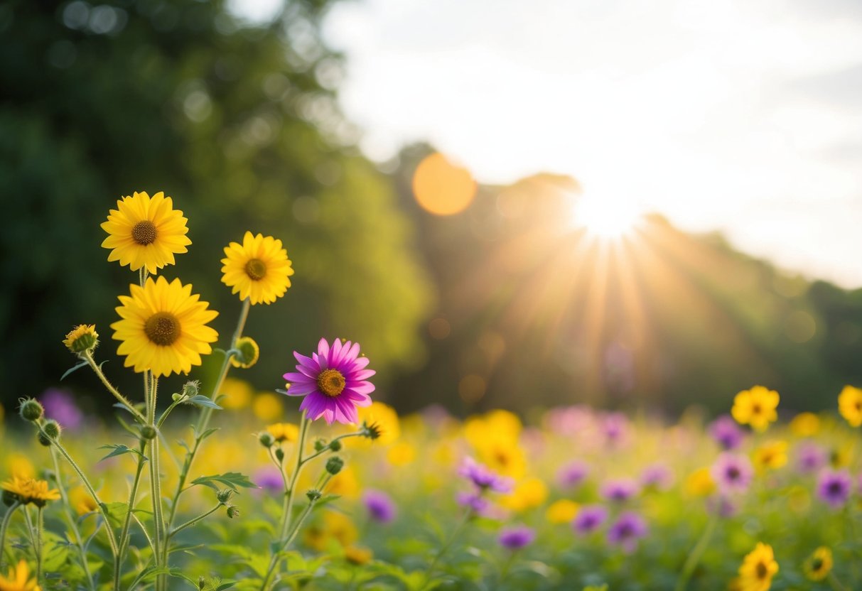 Eine friedliche Naturszene mit bunten Blumen und einer strahlenden Sonne, die Positivität und Ermutigung symbolisiert.