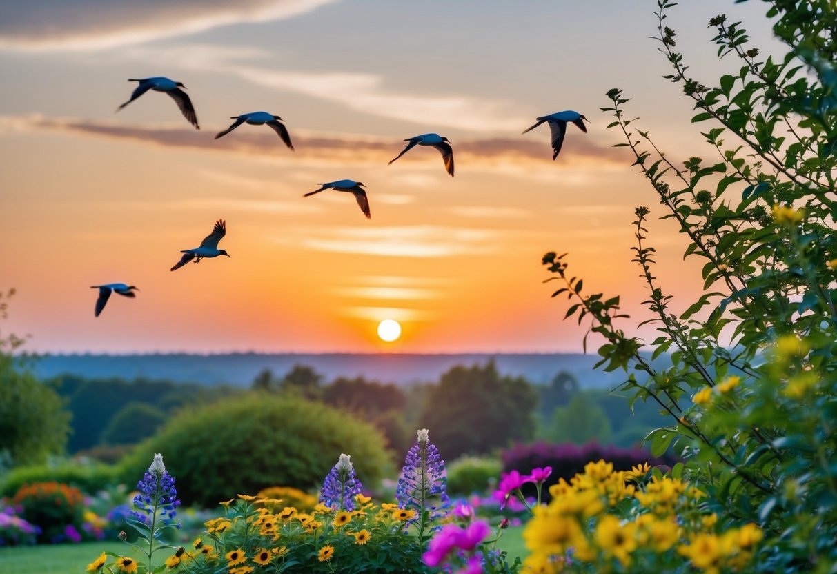 Eine friedliche Naturszene mit einem ruhigen Sonnenuntergang, Vögeln, die über uns fliegen, und bunten Blumen, die in einem Garten blühen.