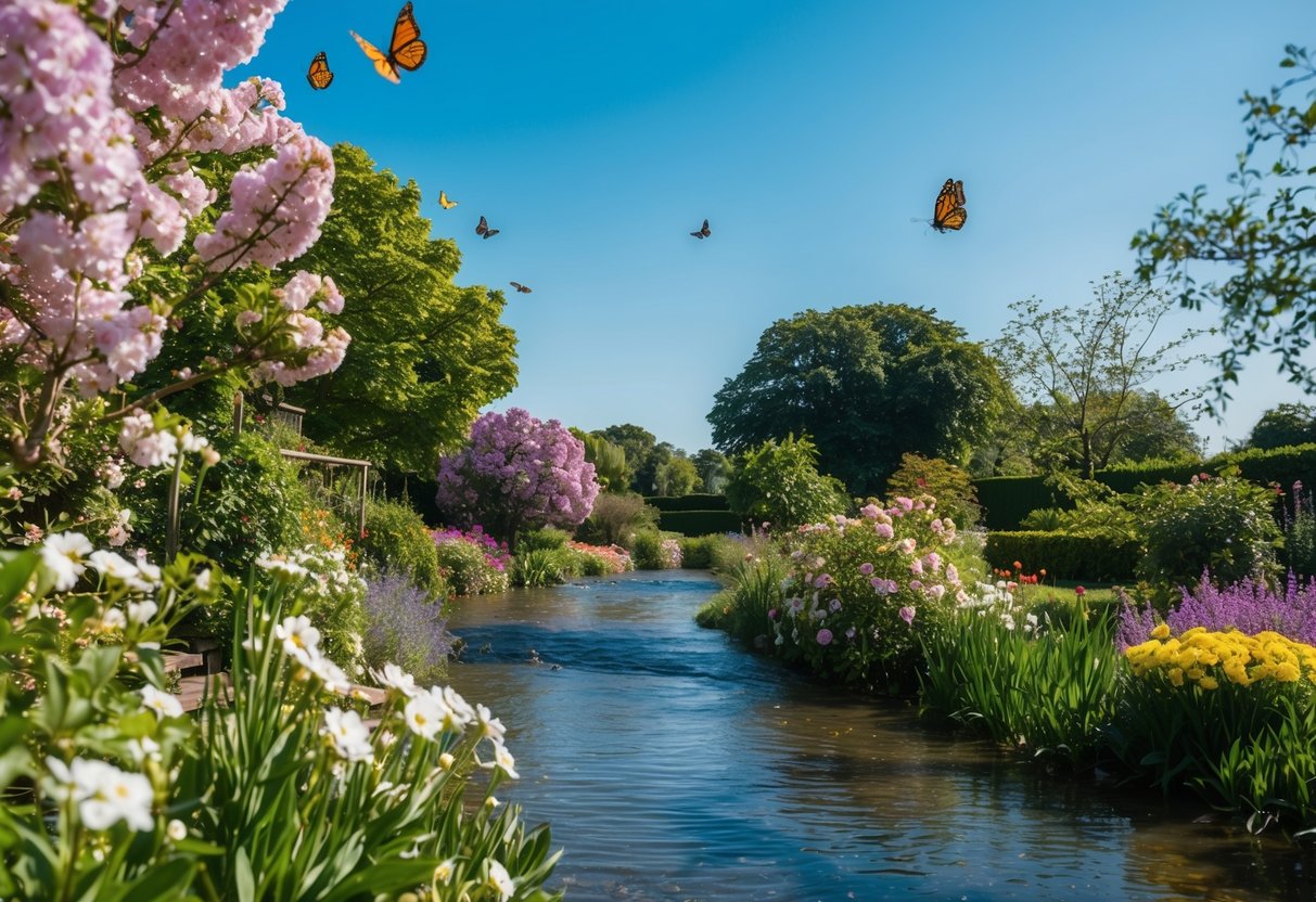 Ein ruhiger Garten mit blühenden Blumen und flatternden Schmetterlingen, umgeben von einem ruhigen, fließenden Fluss unter einem klaren blauen Himmel