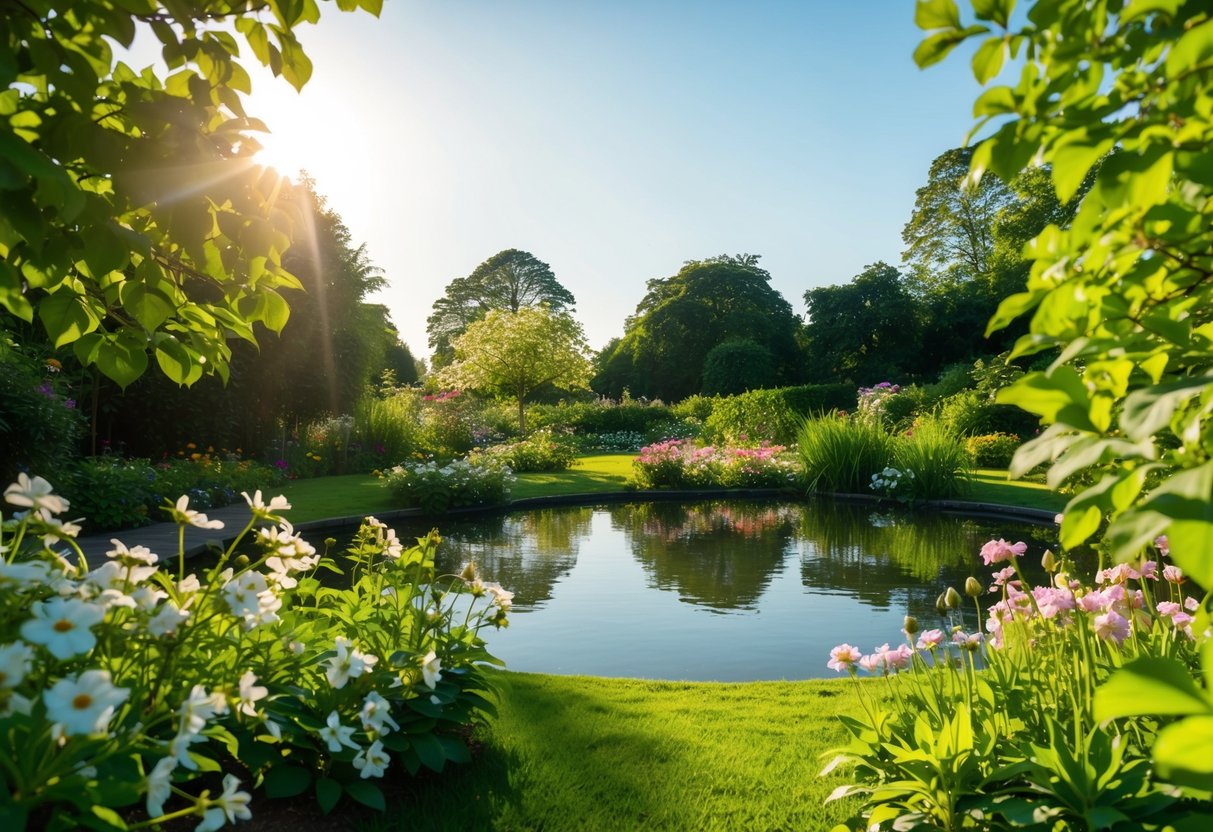 Ein ruhiger, sonnendurchfluteter Garten mit blühenden Blumen und einem friedlichen Teich, umgeben von üppigem Grün und erfüllt von einem Gefühl der Ruhe und Hoffnung.