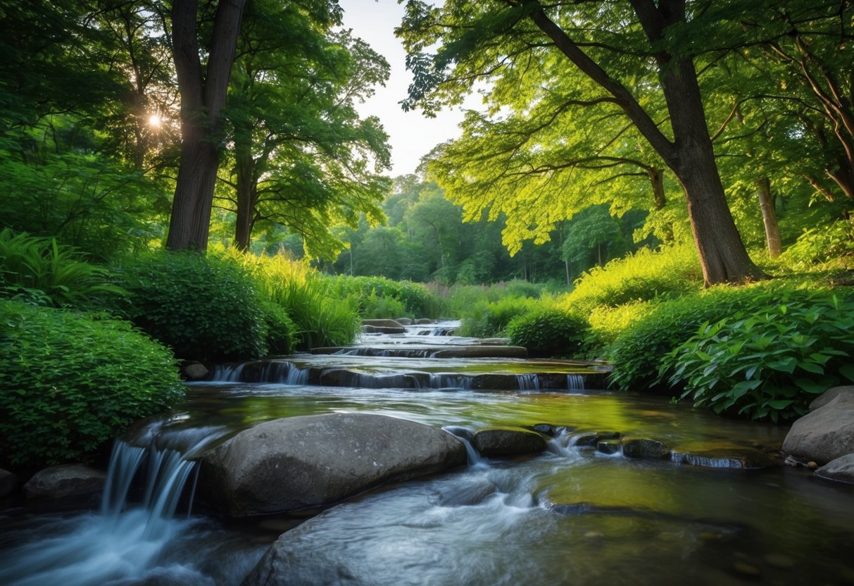 Eine ruhige, ausgewogene Umgebung mit natürlichen Elementen wie fließendem Wasser, üppigem Grün und sanftem Sonnenlicht, das durch die Bäume filtert.