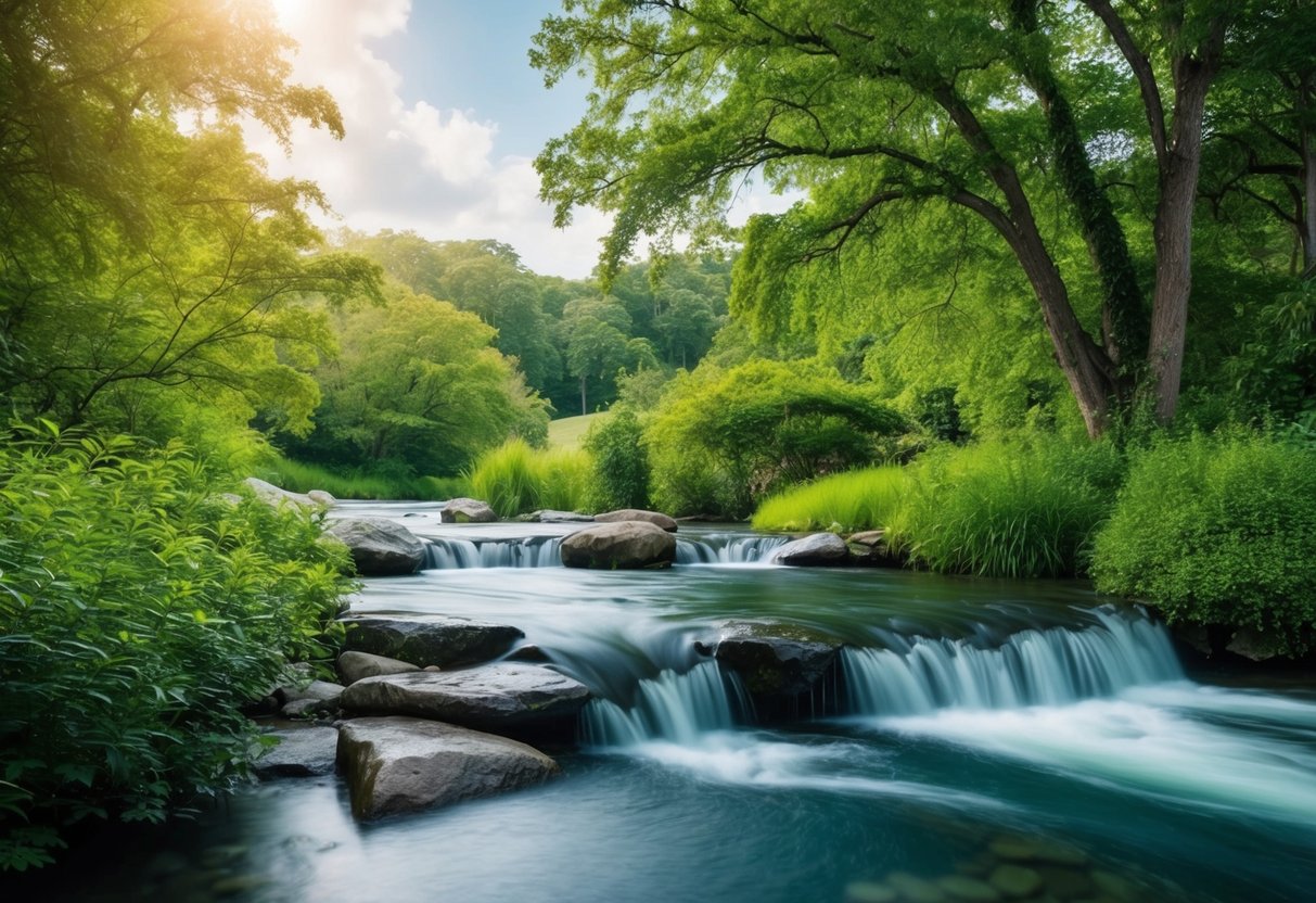 Eine ruhige Landschaft mit fließendem Wasser und üppigem Grün, umgeben von friedlichen, beruhigenden Elementen wie sanften Brisen und beruhigenden natürlichen Geräuschen.