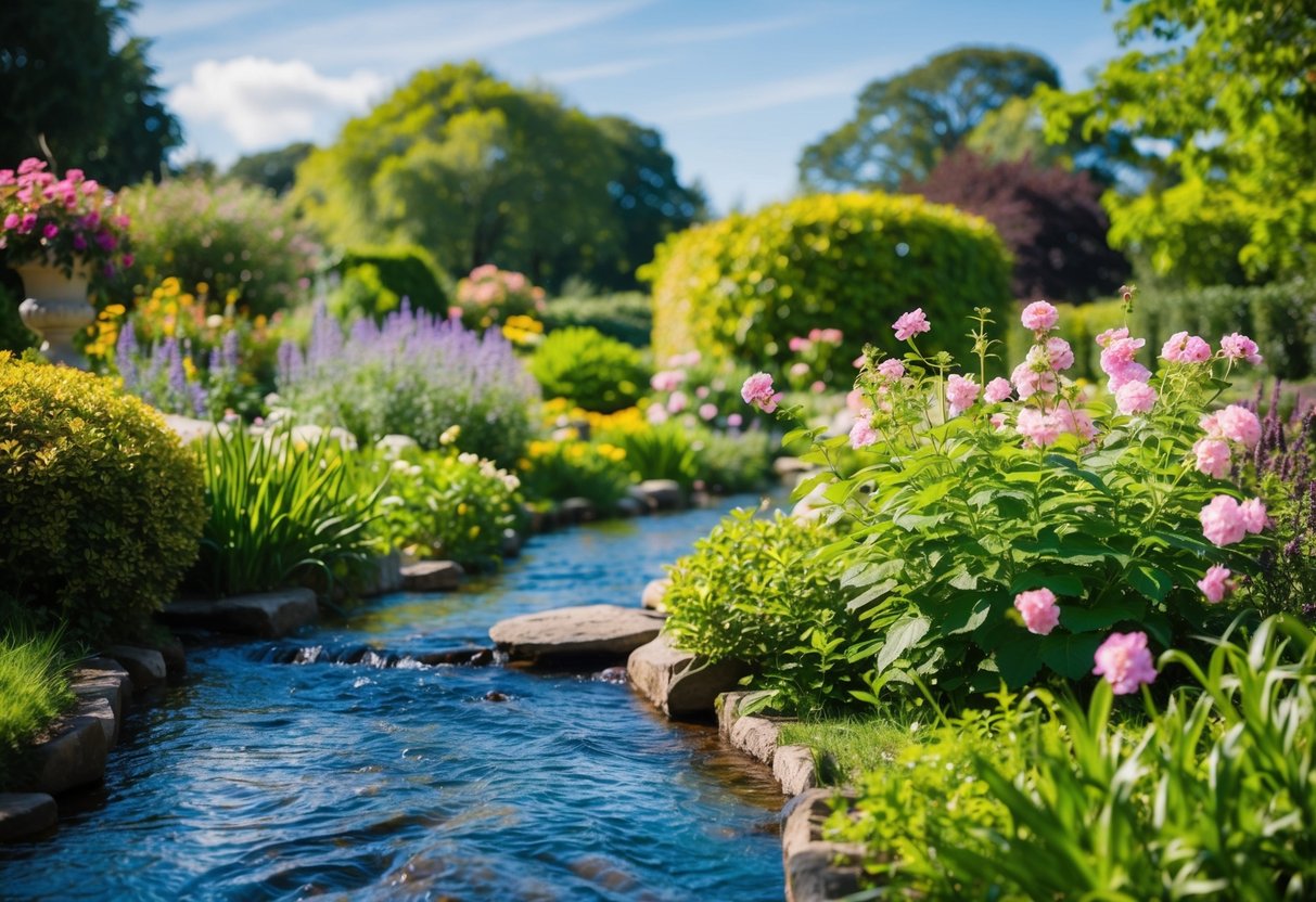 Ein ruhiger Garten mit blühenden Blumen und einem friedlichen Bach, der hindurchfließt, umgeben von üppigem Grün und einem klaren blauen Himmel.