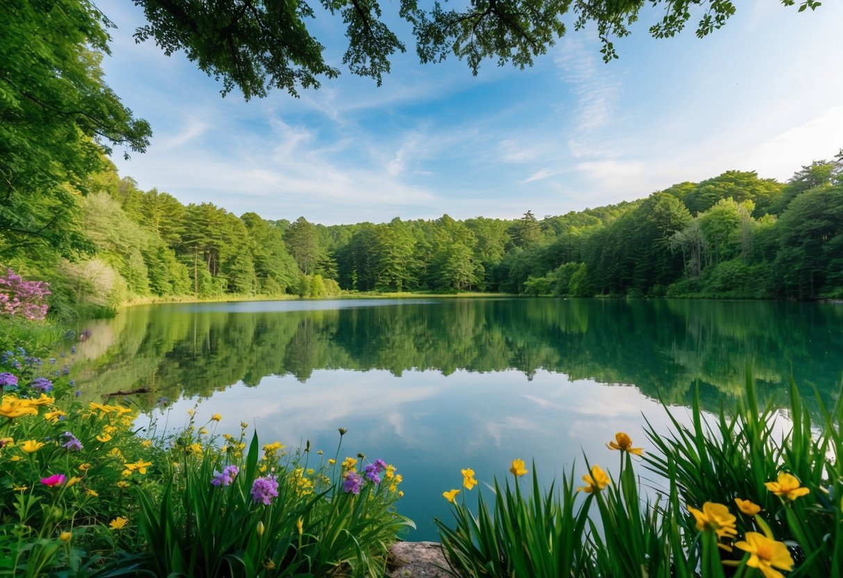 Eine ruhige Naturszene mit einem stillen See, umgeben von üppigem Grün und bunten Blumen, unter einem klaren blauen Himmel.