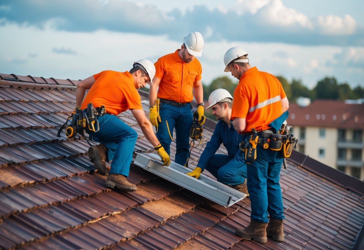 A team of engineers repairing a roof on a building