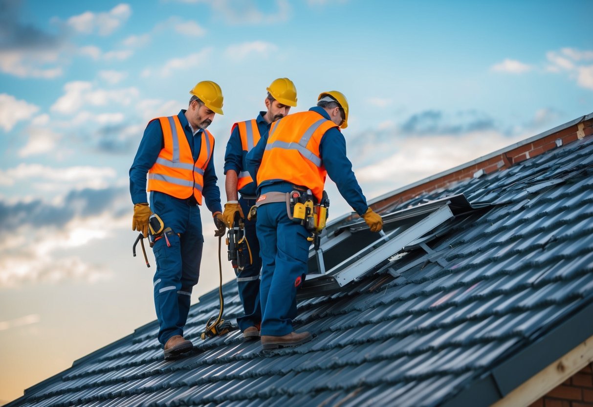 A team of engineers inspecting and repairing a damaged roof