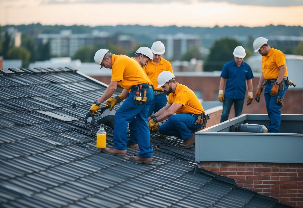 A group of engineers repairing a roof in the service area