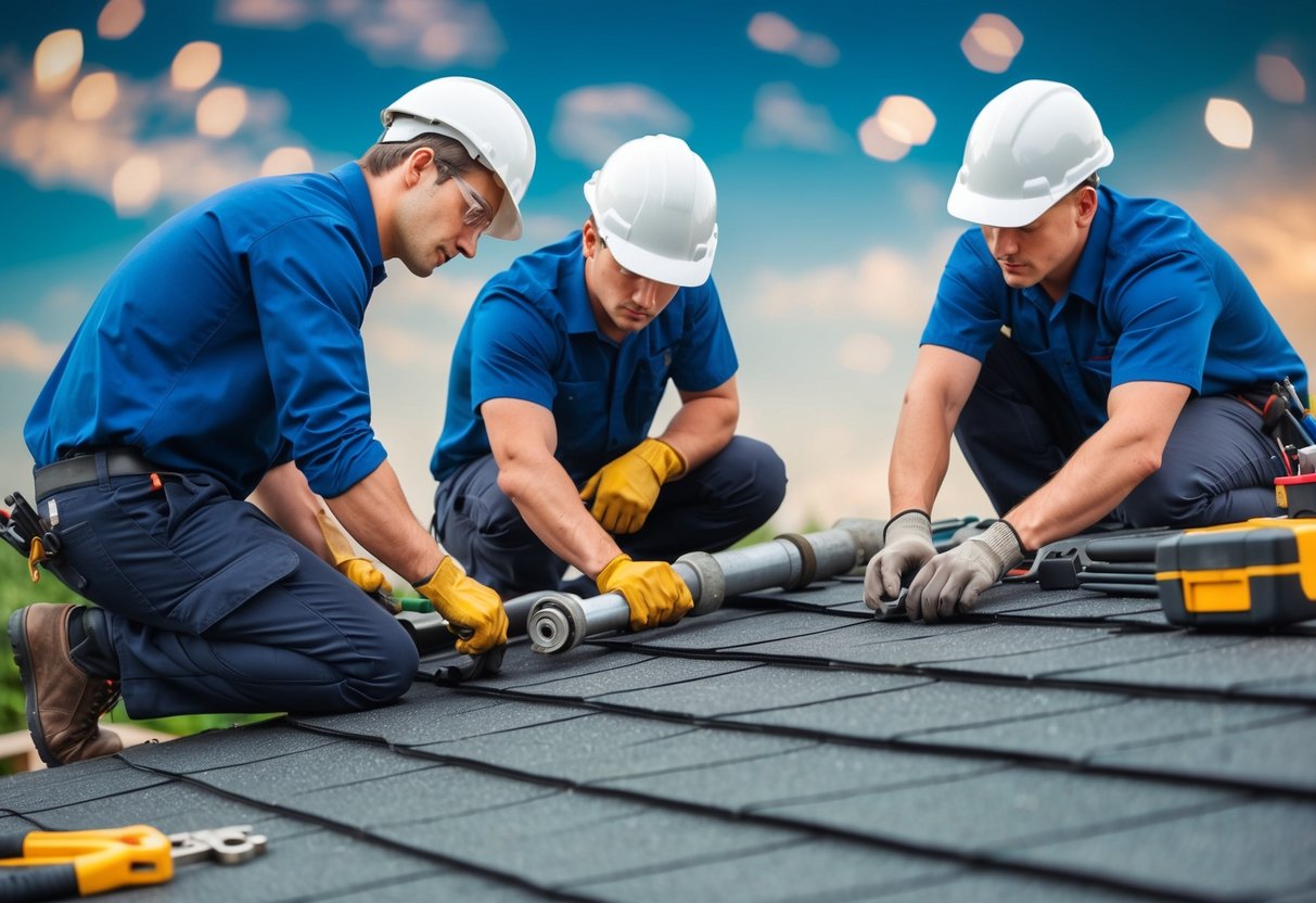 A group of engineers working on repairing a roof, surrounded by tools and equipment