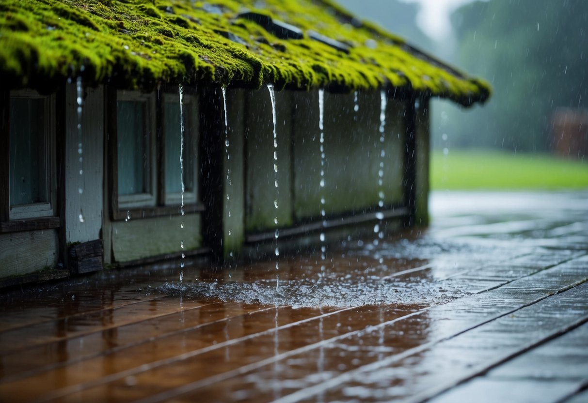 Rain pouring through holes in a sagging, moss-covered roof of an old house, forming puddles on the worn wooden floor