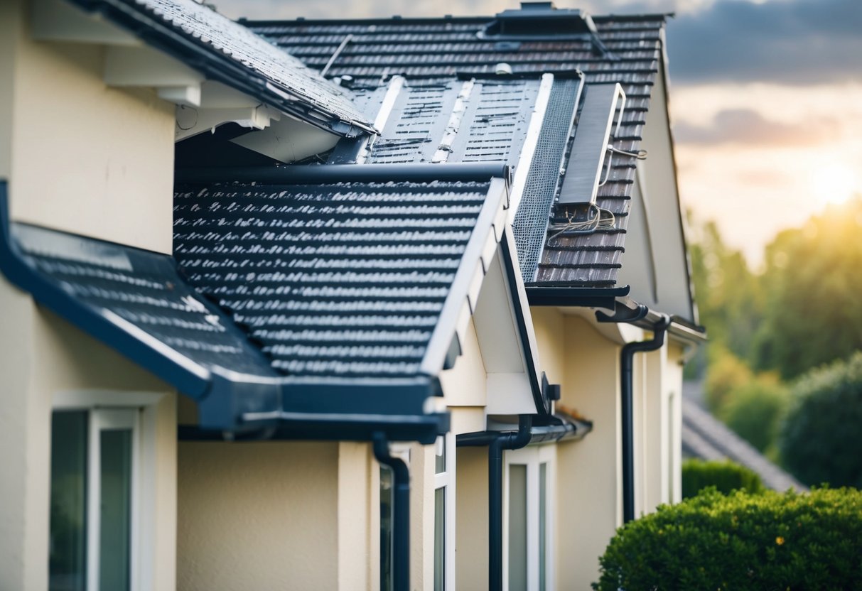 A house with a leaking roof, showing different roofing materials and techniques being used to fix the problem