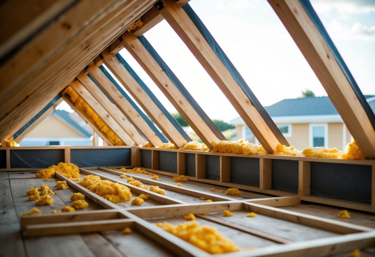 A house with exposed roof beams being filled with insulation