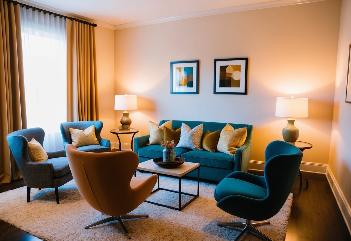 A cozy bedroom with a variety of stylish chairs arranged around a small table, with soft lighting and a warm color palette