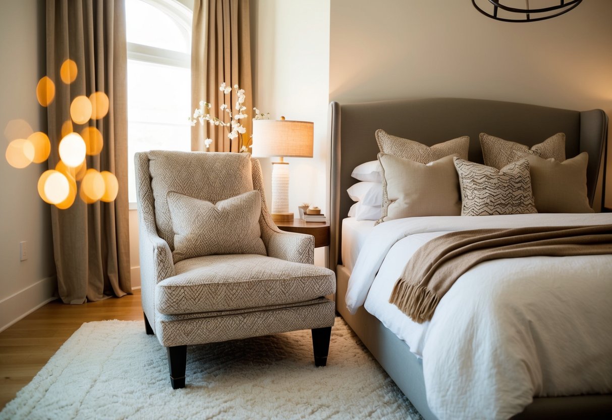 A cozy bedroom with a stylish Anthropologie Elowen chair as the focal point, surrounded by soft textures and warm lighting