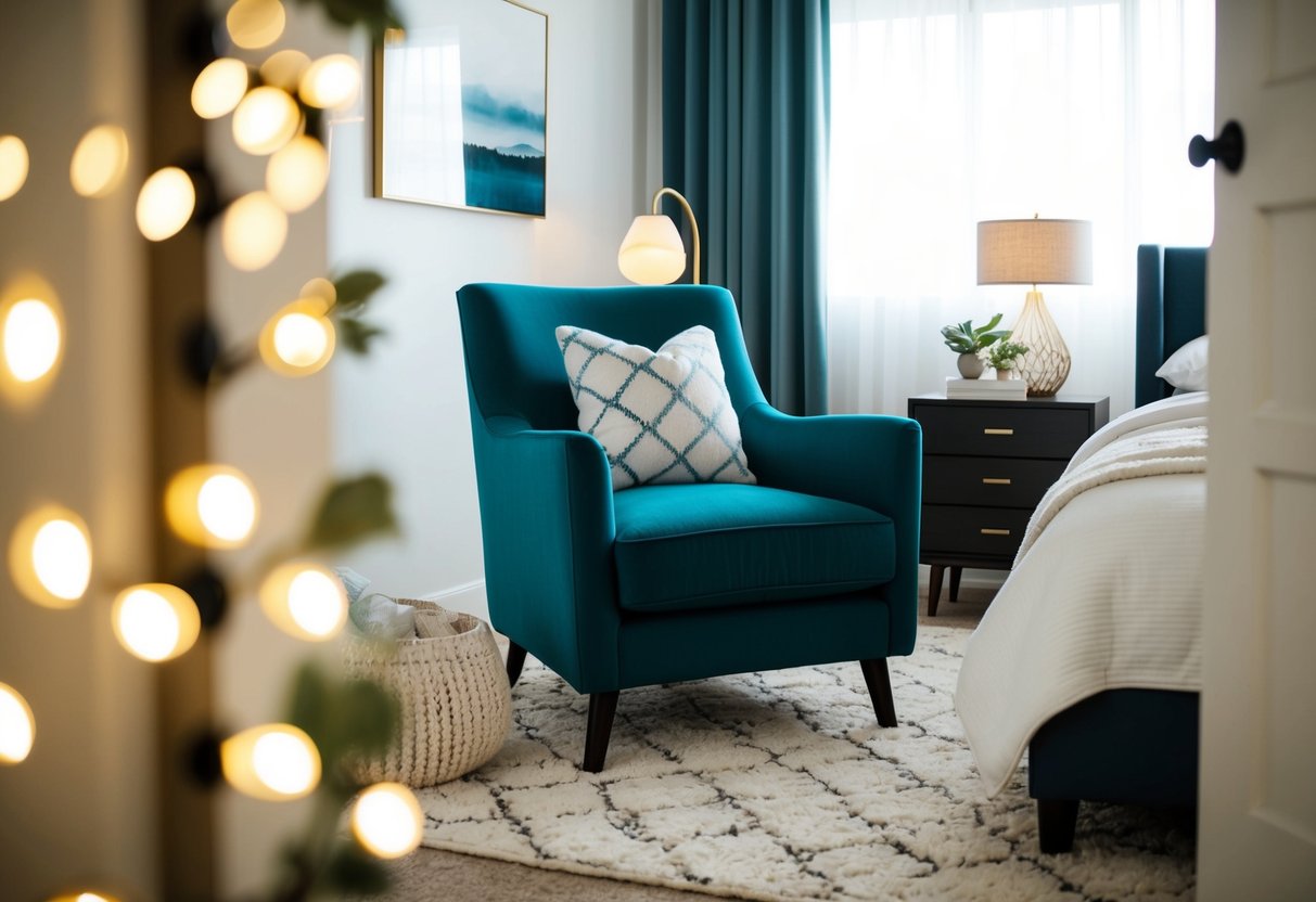 A cozy bedroom with a Joybird Soto chair as a focal point, surrounded by soft lighting and decorative accents