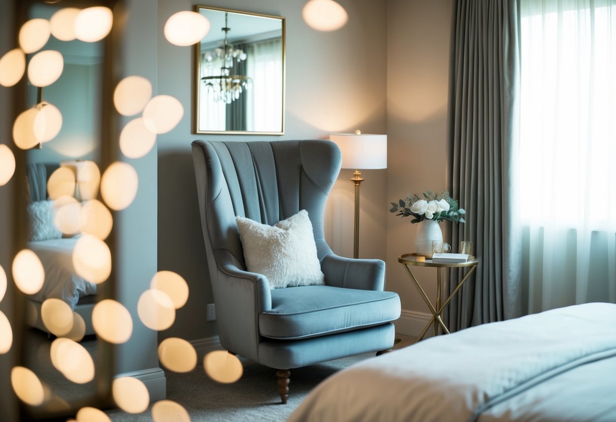 A cozy bedroom with a stylish Embrace Chair as the focal point, surrounded by soft lighting and elegant decor