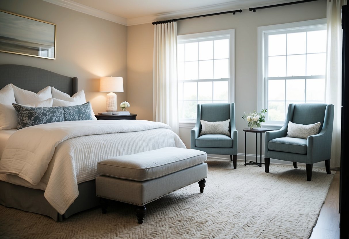 A cozy bedroom with a Crate & Barrel Sloane Chair as the focal point, surrounded by soft lighting and elegant decor