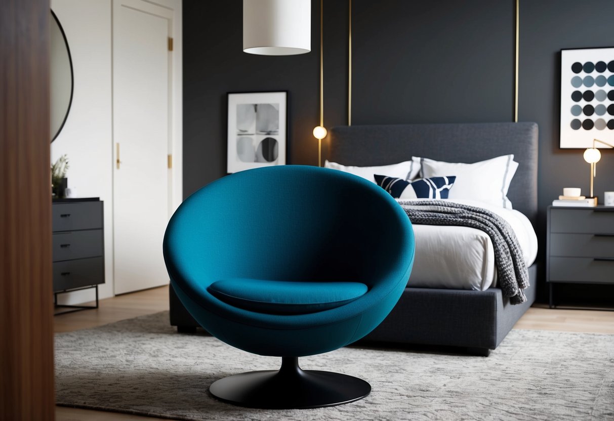 A modern bedroom with a CB2 Rotor chair as the focal point, surrounded by various design elements and decor