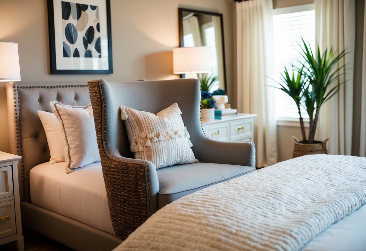 A cozy bedroom with a Wayfair Lahaina chair as the focal point, surrounded by stylish decor and soft lighting