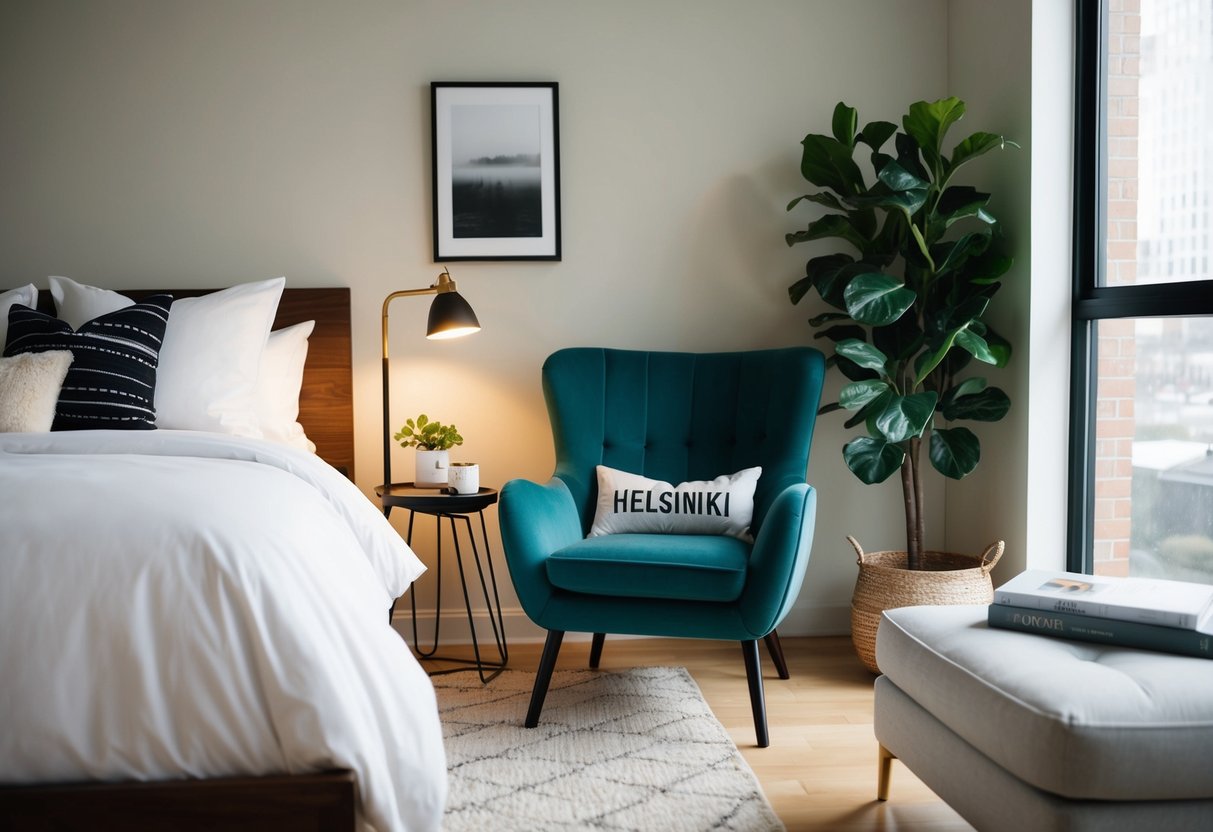 A cozy bedroom with a stylish Urban Outfitters Helsinki chair as a focal point, surrounded by modern decor and soft lighting