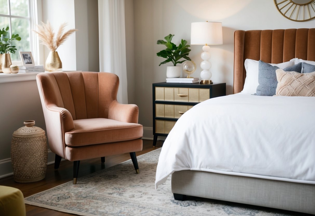 A cozy bedroom with a plush velvet Elena chair from World Market, surrounded by stylish decor and soft lighting