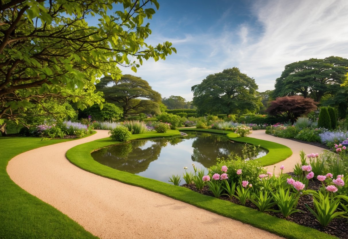 Ein ruhiger Garten mit einem gewundenen Weg, blühenden Blumen und einem friedlichen Teich, der den Himmel widerspiegelt. Eine sanfte Brise raschelt in den Blättern alter Bäume.