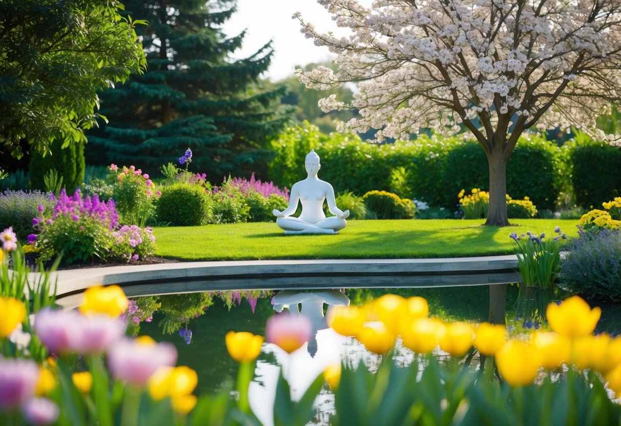 Ein ruhiger Garten mit blühenden Blumen, einem friedlichen Teich und einer meditierenden Figur unter einem friedlichen Baum