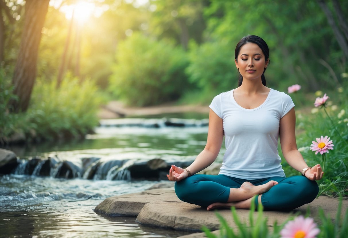 Eine ruhige Szene einer Person, die in einer friedlichen Naturlandschaft meditiert, umgeben von Elemente der Natur wie Bäume, Blumen und fließendem Wasser.