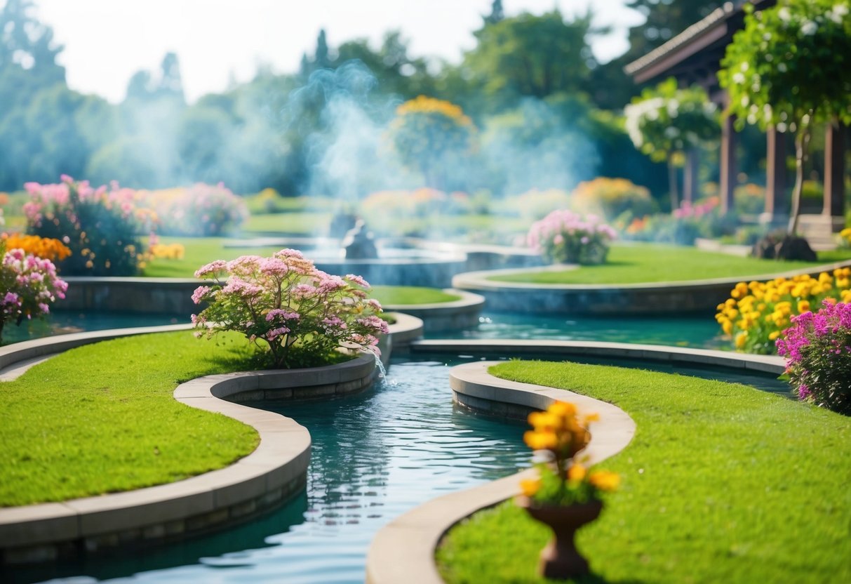 Ein ruhiger Garten mit gewundenen Wegen, blühenden Blumen und ruhigen Wasseranlagen. Eine sanfte Brise trägt den Duft von Räucherstäbchen und schafft eine friedliche Atmosphäre für spirituelle Reflexion.