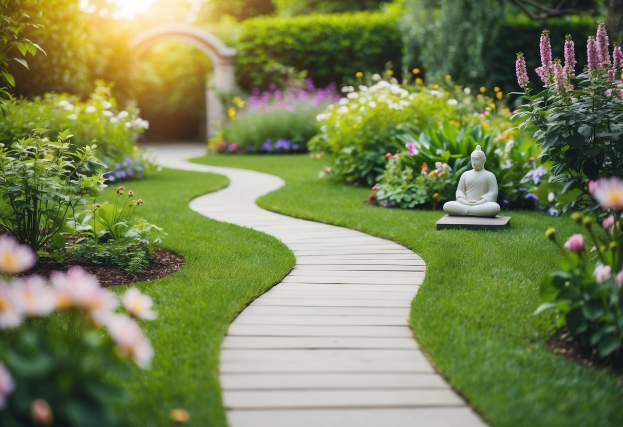 Ein ruhiger Garten mit einem gewundenen Weg, der zu einem friedlichen Meditationsplatz führt, umgeben von blühenden Blumen und üppigem Grün.