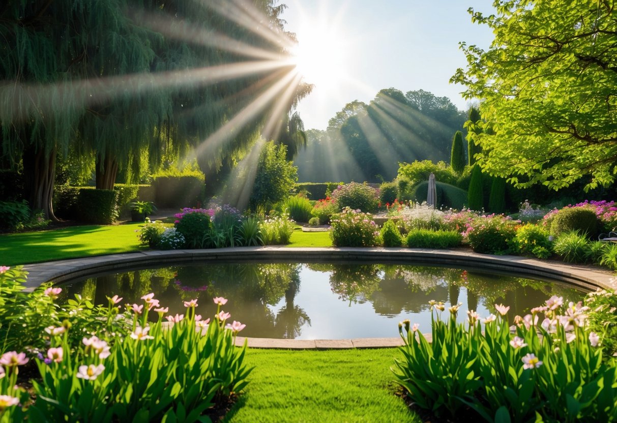 Ein ruhiger Garten mit einem friedlichen Teich, umgeben von blühenden Blumen und üppigem Grün, während Sonnenstrahlen durch die Bäume brechen.