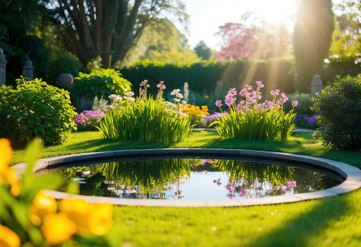 Ein ruhiger, sonnendurchfluteter Garten mit einem friedlichen Teich, umgeben von blühenden Blumen und üppigem Grün, der ein Gefühl von Ruhe und spiritueller Verbindung hervorruft.