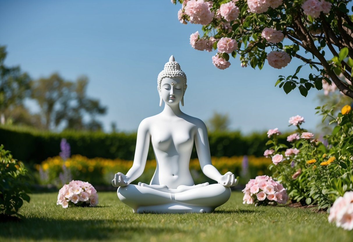 Eine gelassene Figur meditiert in einem ruhigen Garten, umgeben von blühenden Blumen und üppigem Grün, unter einem klaren blauen Himmel.