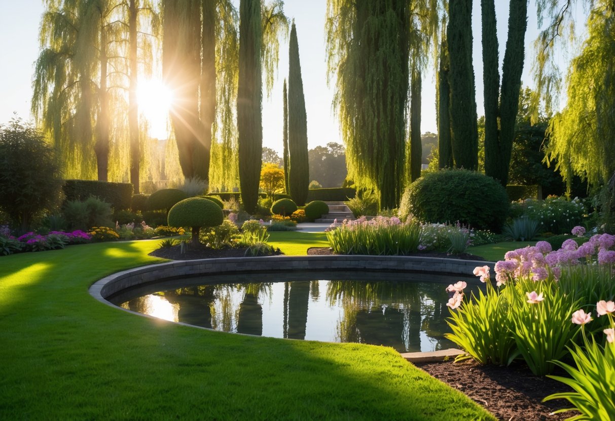 Ein ruhiger Garten mit einem friedlichen Teich, umgeben von blühenden Blumen und hohen, wiegenden Bäumen, während die Sonne einen warmen Schein über die Szene wirft.