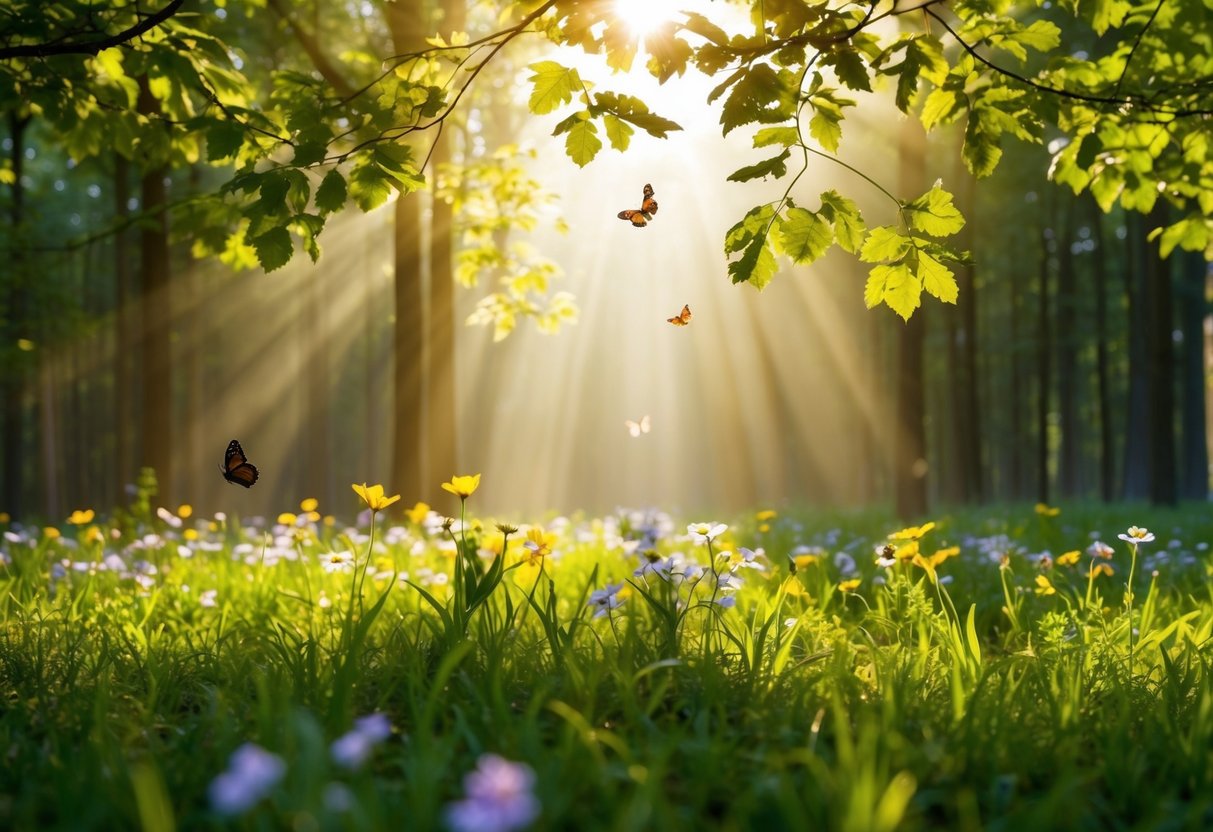 Eine ruhige Waldlichtung, durch die Sonnenstrahlen durch die Blätter strömen und einen warmen Glanz auf den Boden werfen, wo Wildblumen blühen und Schmetterlinge umherflattern.