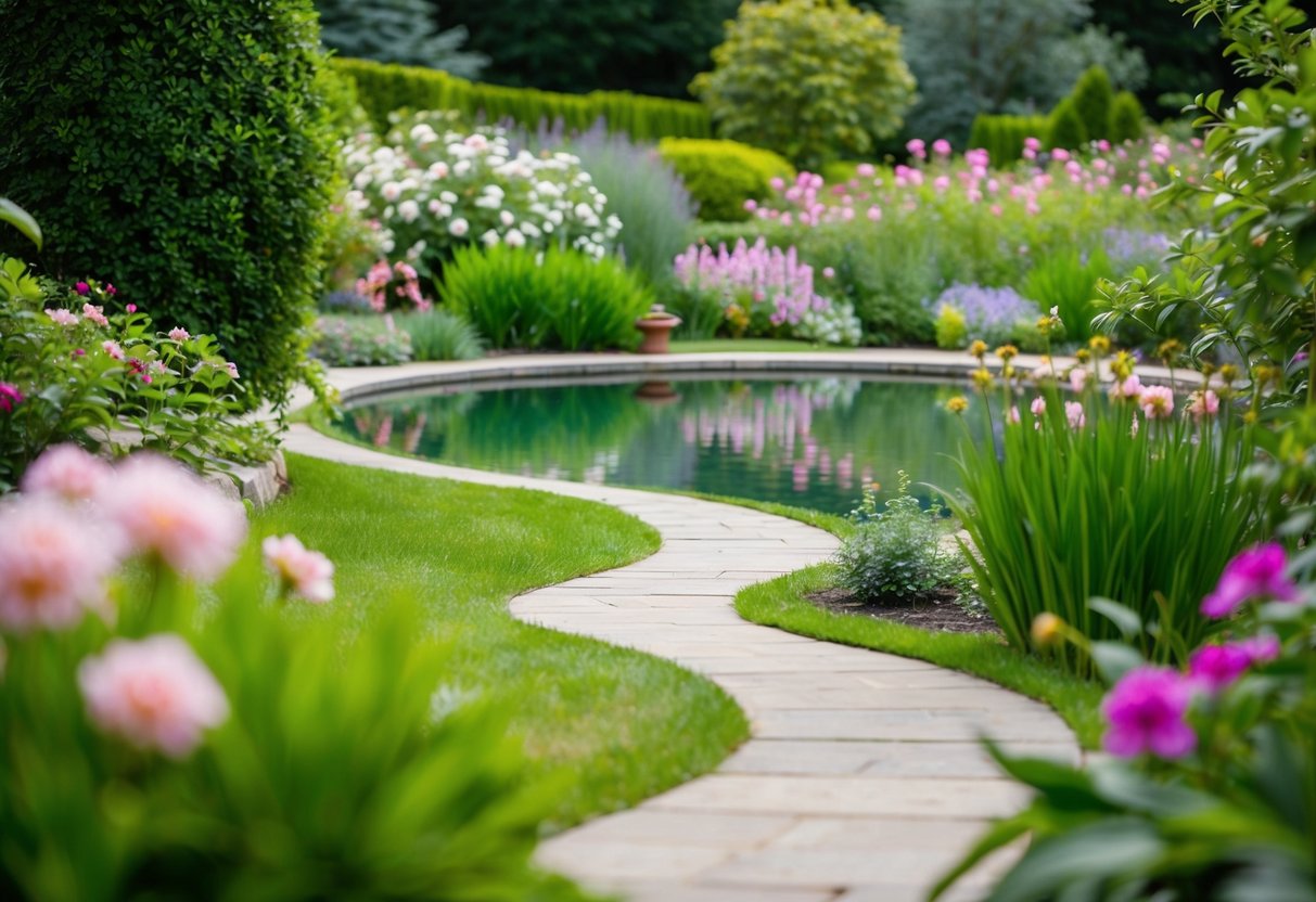 Ein ruhiger Garten mit blühenden Blumen und einem gewundenen Pfad, der zu einem friedlichen Teich führt, umgeben von üppigem Grün.