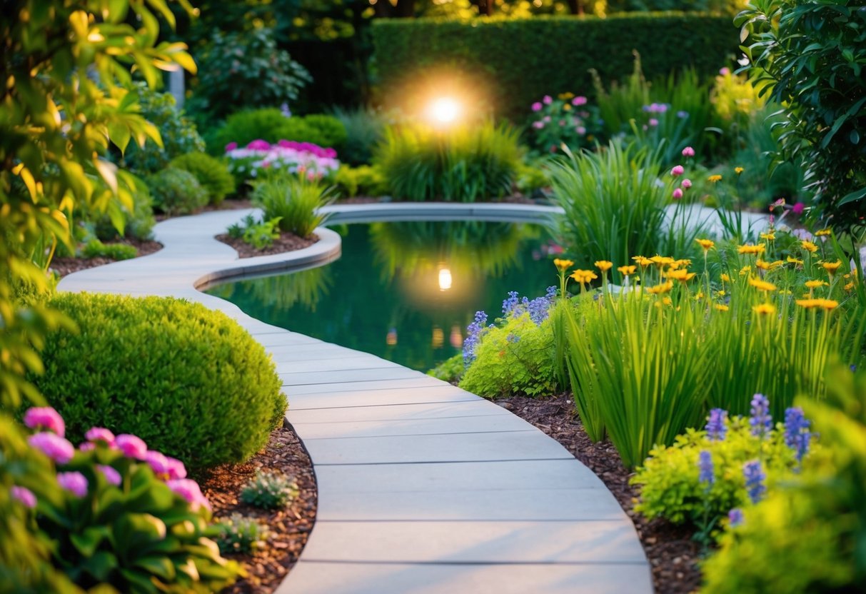 Ein ruhiger Garten mit einem gewundenen Weg, der zu einem friedlichen Teich führt, umgeben von üppigem Grün und bunten Blumen. Ein sanftes Licht strahlt aus der Mitte und schafft eine friedliche und spirituelle Atmosphäre.